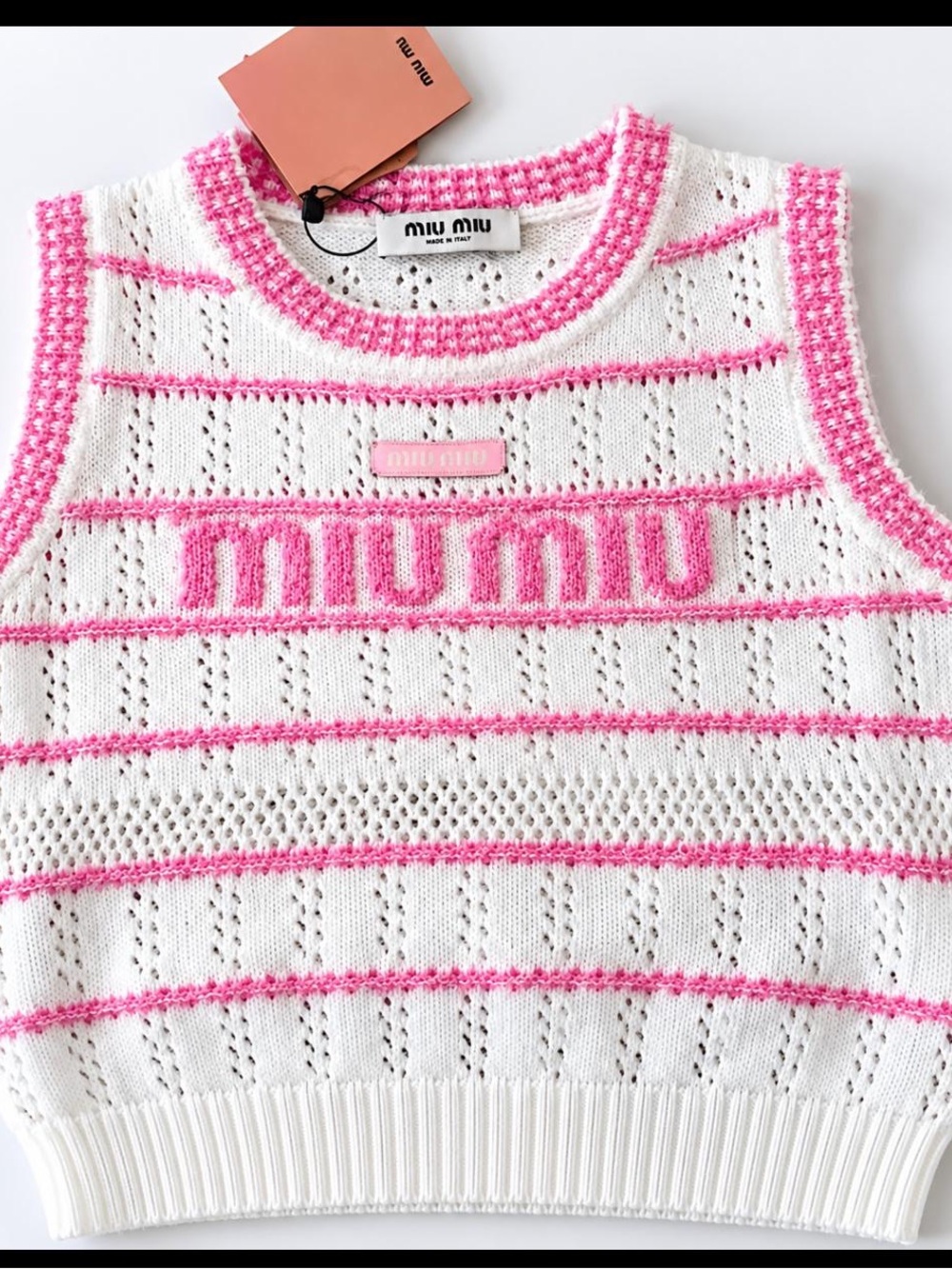 Miu Miu Pink & White Logo Knit Sleeveless Sweater Vest Top Size Small NWT